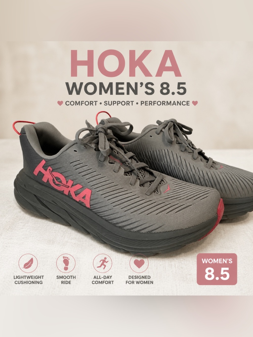 Hoka Women's Gray with Pink Logo Athletic Running Shoes